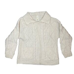 Indian Arts Vintage 100% Wool Cable Knit Zip Up Cardigan Sweater‎ Cream Ecuador